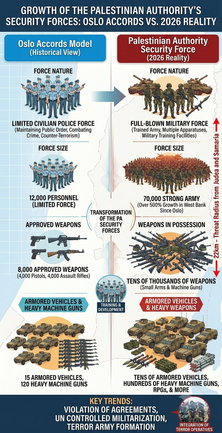 The Palestinian Authority's massive army threatens millions of Israelis within just 22 kilometers