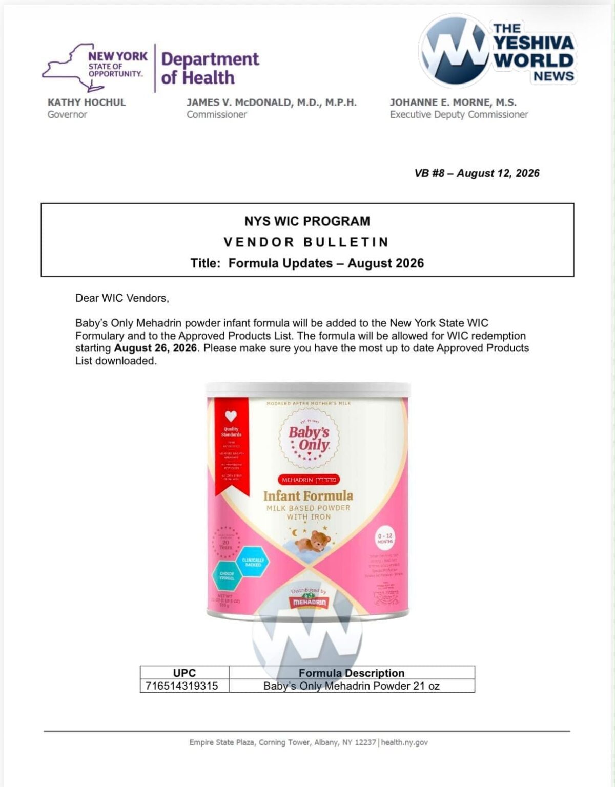 KOSHER BREAKTHROUGH: Baby’s Only Mehadrin Infant Formula Approved For New York WIC Coverage Beginning August 26