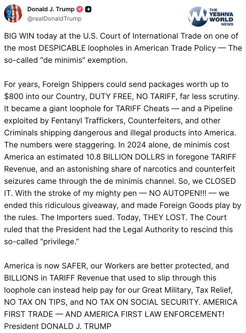 TARIFF VICTORY: Court Upholds Trump’s Authority To End $800 “De Minimis” Exemption