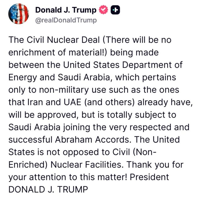 Trump: Civil Nuclear Deal ‘Totally Subject’ to Saudi Arabia Joining ‘Very Respected’ Abraham Accords