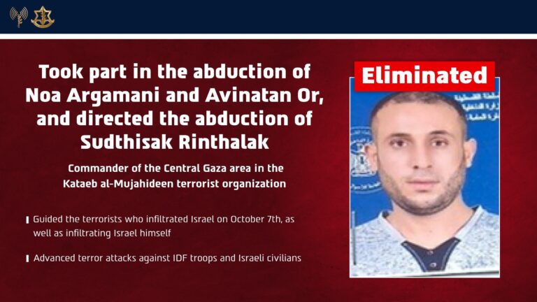 IDF: Mujahideen Brigades Commander Who Abducted Noa Argamani and Avinatan Or Killed in Gaza Strike