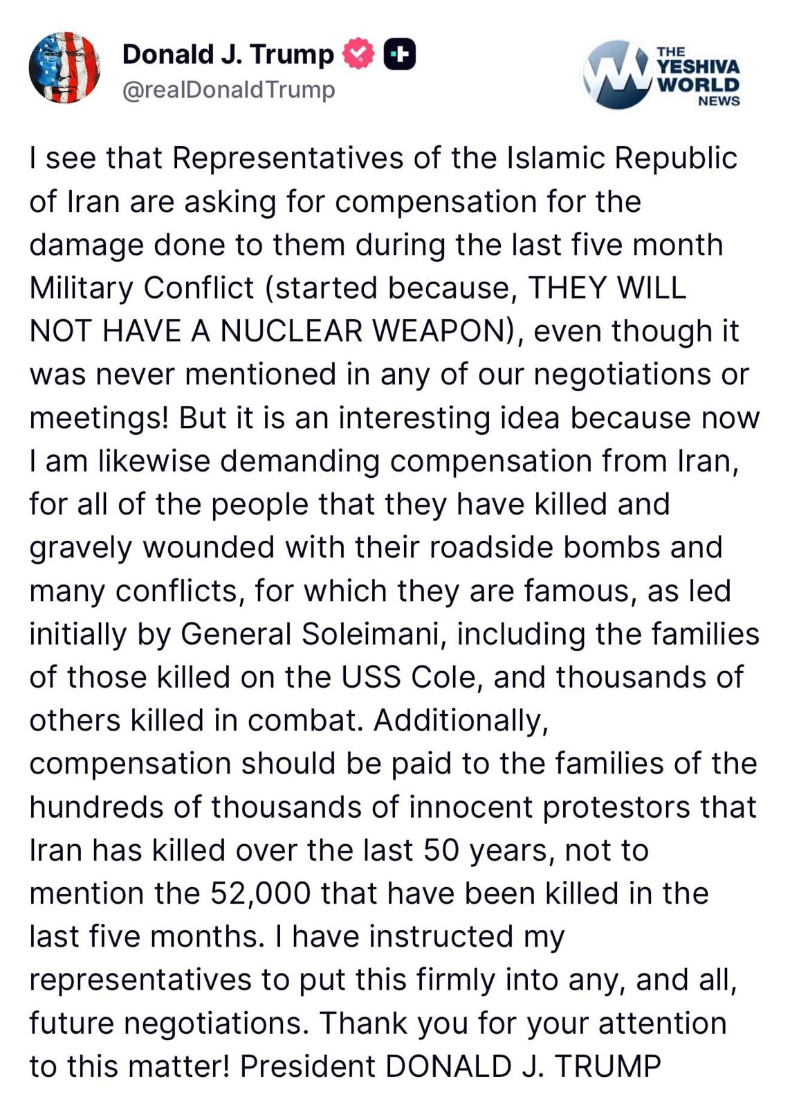 PAYBACK DEMAND: Trump Fires Back At Iran, Vows Compensation For Americans Killed And Wounded